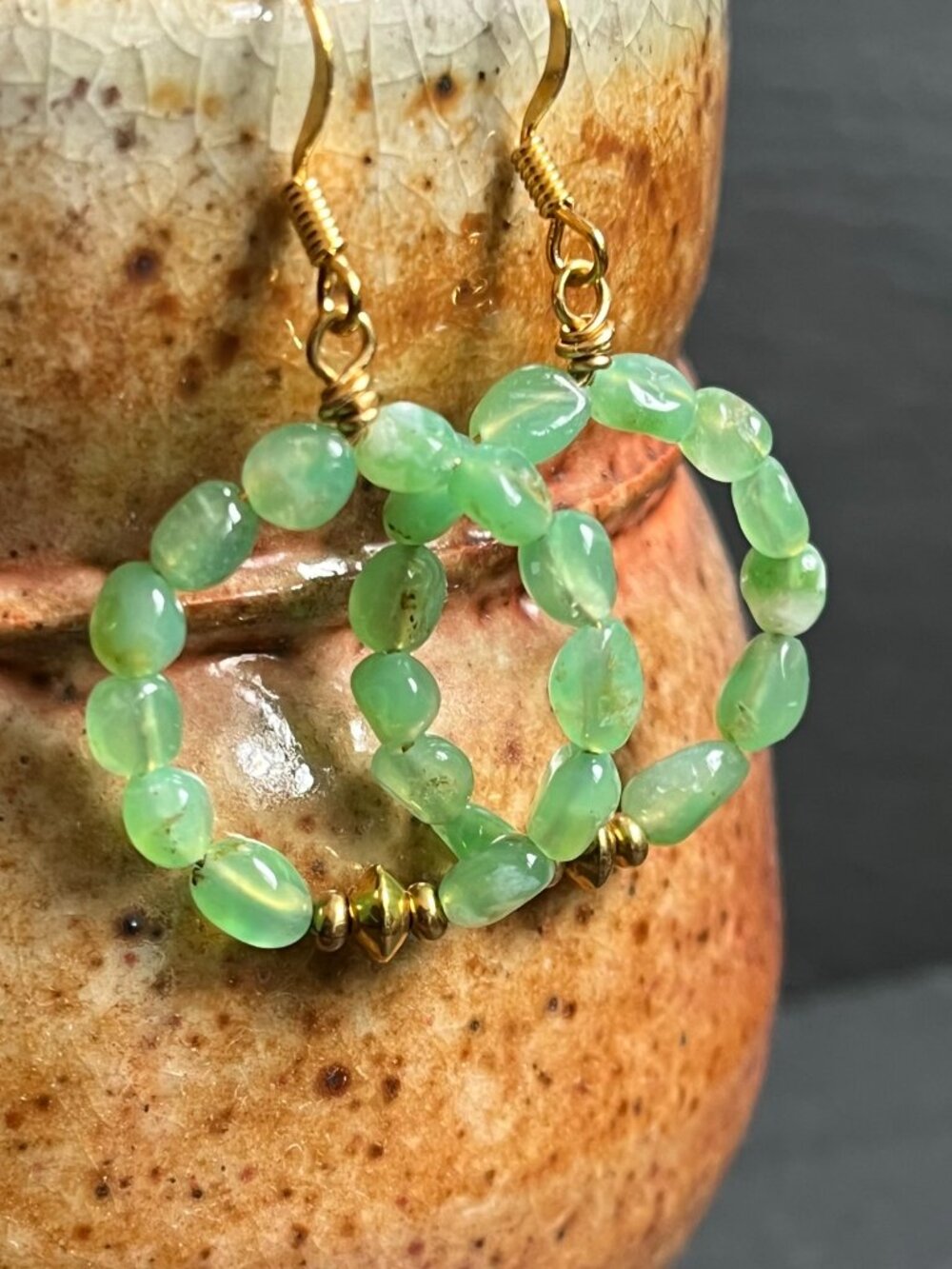 Gemstone Beaded Hoop Earrings | Chrysoprase Green Dangle Earrings